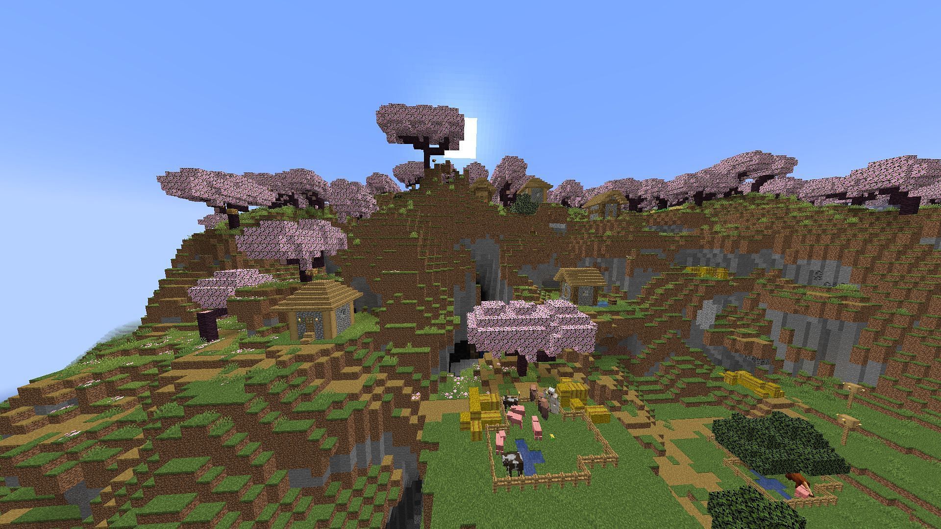 This village spawns inside a cherry grove biome (Image via Mojang)